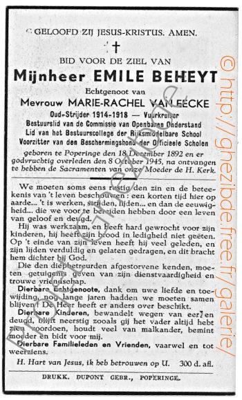 Emile Beheyt echtgenoot van Mevrouw Marie-Rachel Van Eecke, overleden te Poperinge, den 8 October 1945.